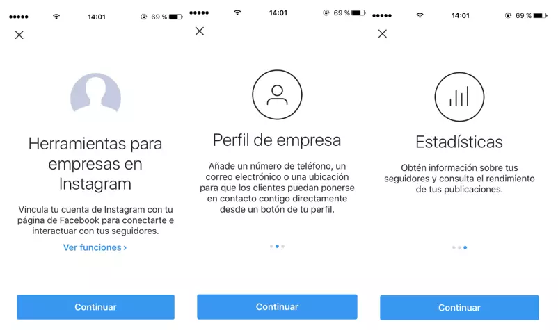 Página de inicio del perfil de empresa en Instagram