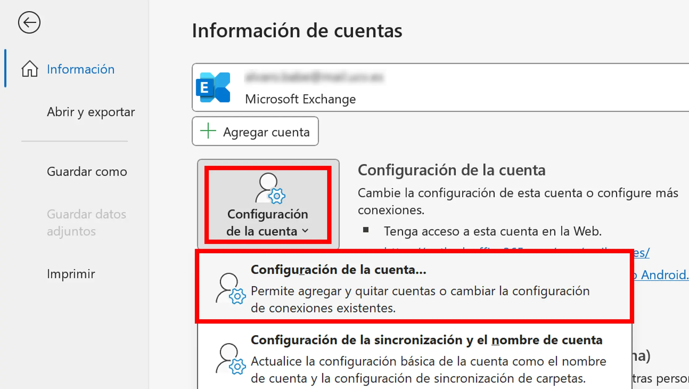 Menú de Outlook: información de la cuenta Imagen: Menú de Outlook: información de la cuenta