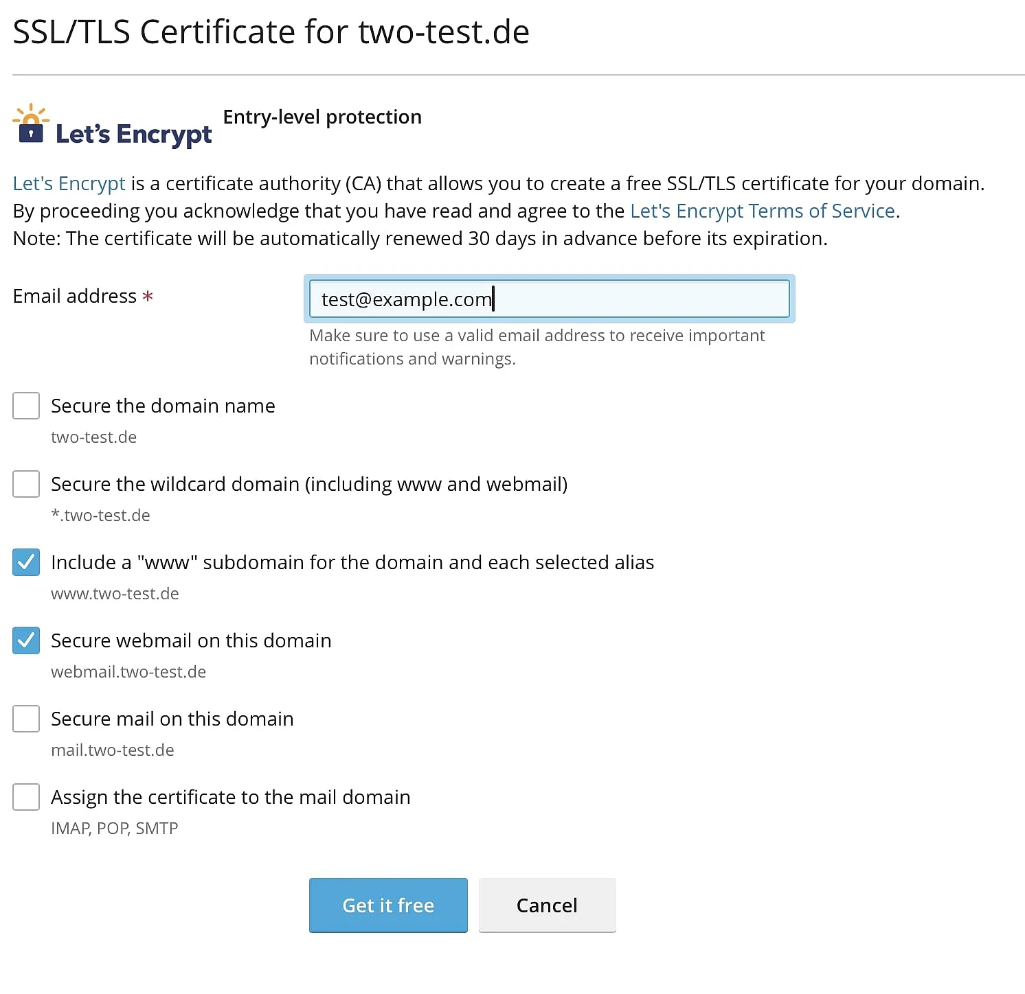 Imagen: Opciones de Let’s Encrypt.