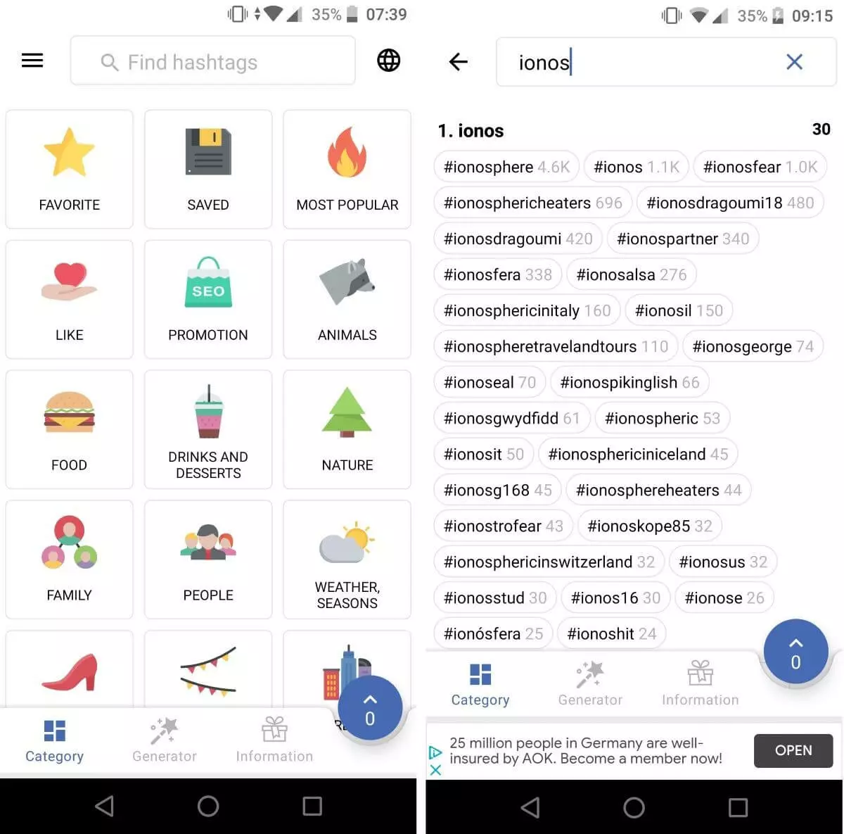 inTags: menú en la versión Android