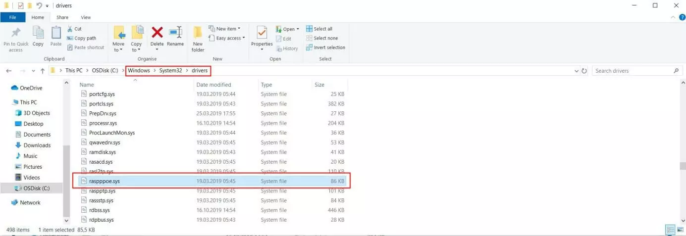 Imagen: Explorador de archivos de Windows 10: directorio del archivo “raspppoe.sys”