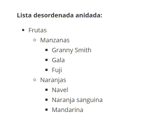 Ejemplo de lista desordenada HTML anidada Imagen: Ejemplo de lista desordenada HTML anidada