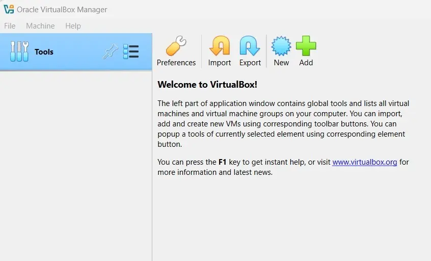 Pantalla de inicio de Oracle VirtualBox Manager Imagen: Pantalla de inicio de Oracle VirtualBox Manager