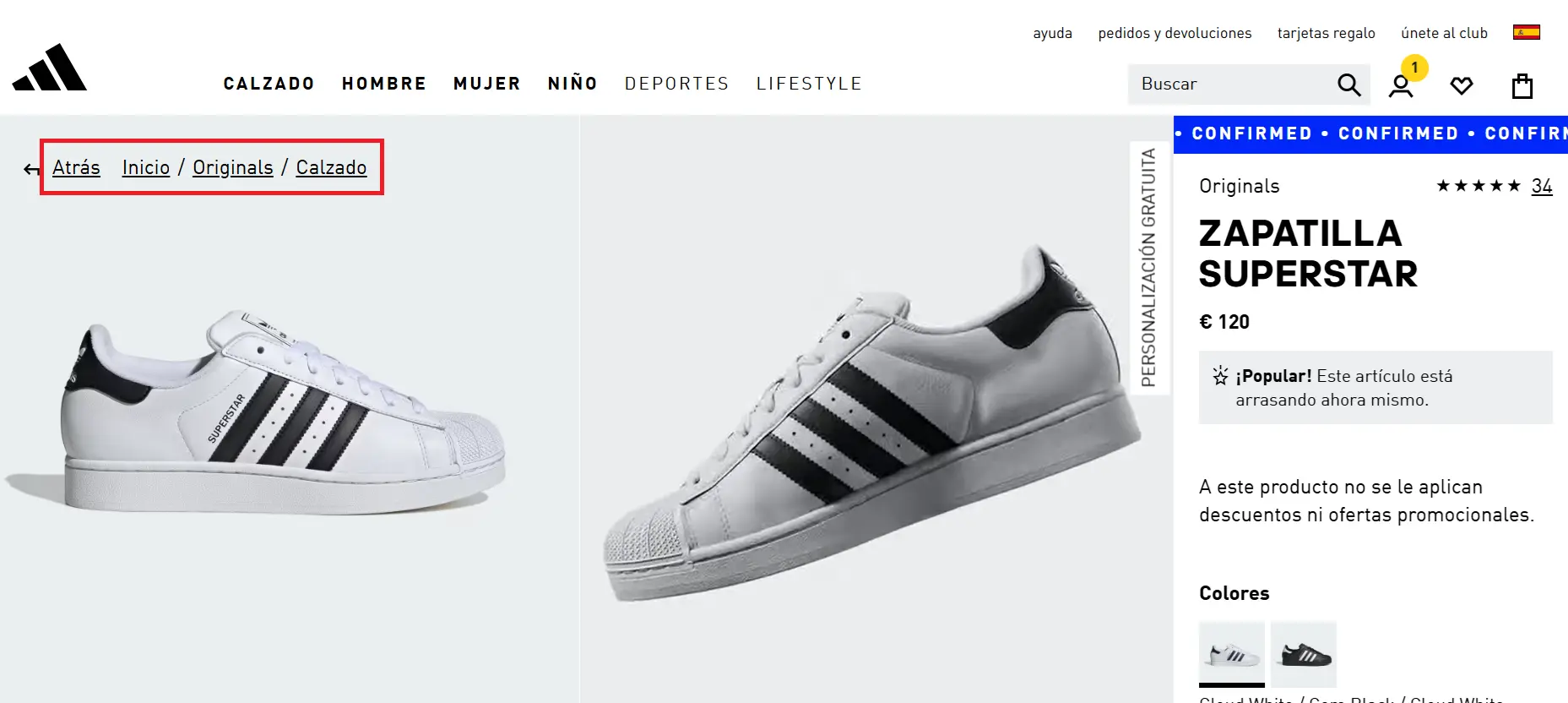 Imagen: Captura de pantalla de la categoría “calzado” de Adidas
