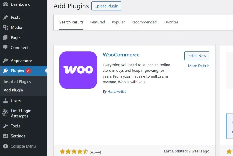Imagen: Plugin WooCommerce en la lista de plugins disponibles de WordPress