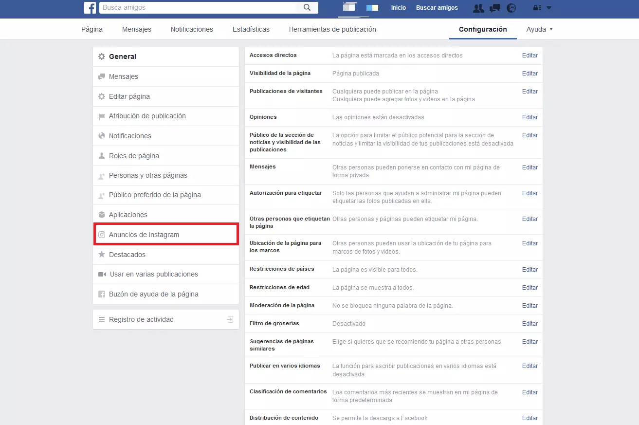 En la opción “General” en la página de Facebook para empresas se encuentra la opción “Anuncios de Instagram”