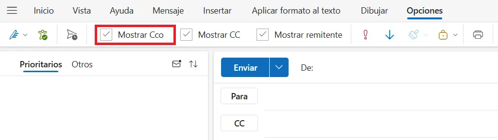Imagen: Outlook: el botón “CCOˮ en la sección “Opciones”