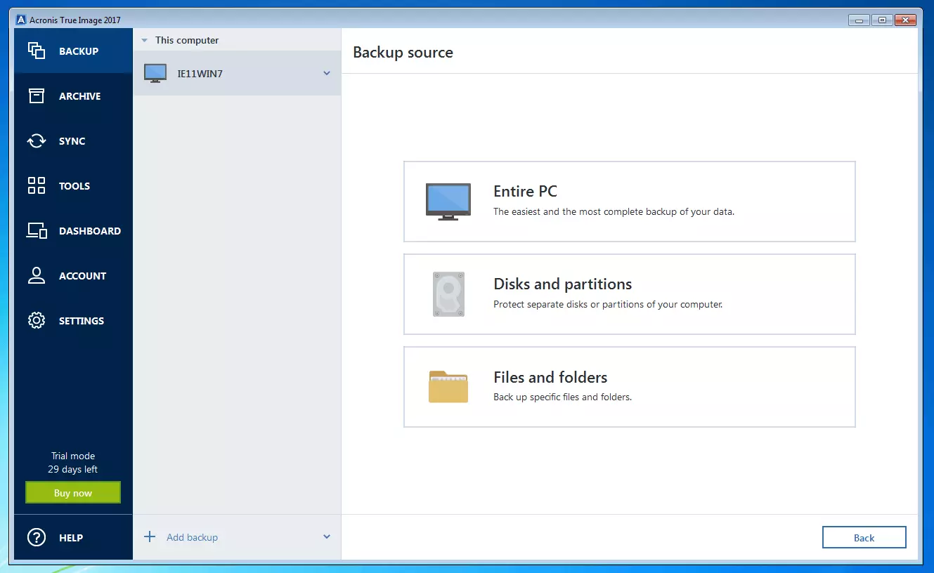 Acronis True Image 2017: menú para seleccionar la fuente de datos