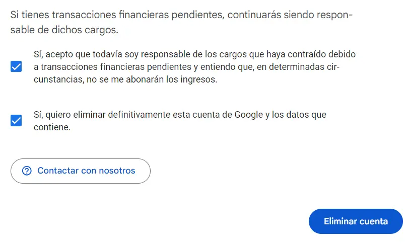 Formulario de confirmación para la eliminación de la cuenta de Google Imagen: Formulario de confirmación para la eliminación de la cuenta de Google