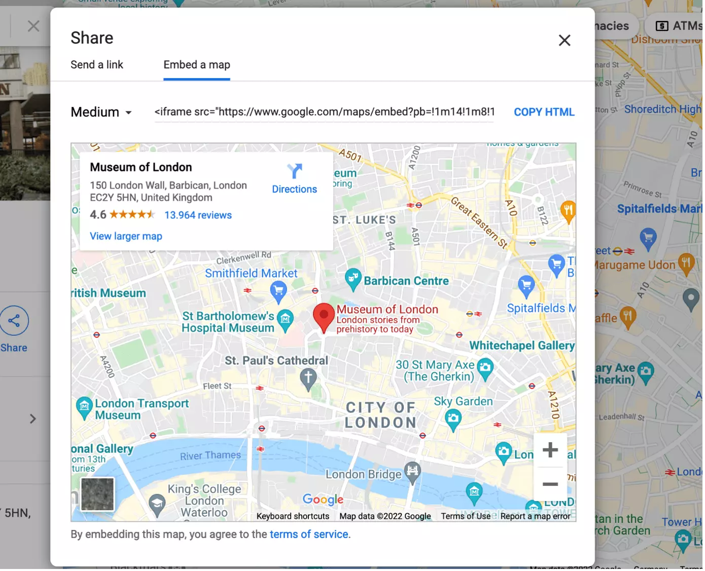 Imagen: Captura de pantalla de la opción “Embed a map” en Google Maps