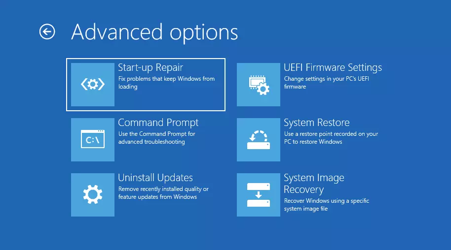 Captura de pantalla de las opciones avanzadas en el entorno de solución de problemas de Windows 11 Captura de pantalla de las opciones avanzadas en el entorno de solución de problemas de Windows 11