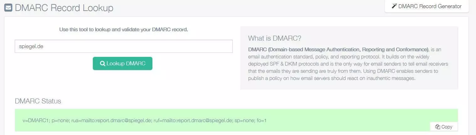 Imagen: Imagen de la herramienta DMARC Record Lookup de easydmarc.com