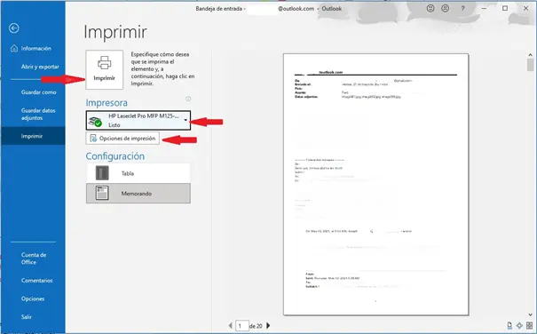 Ventana de “Imprimir” con un botón rectangular a la izquierda de la ventana. Al lado a la derecha se muestra el correo que se imprimirá Imagen: Ventana de “Imprimir” con un botón rectangular a la izquierda de la ventana. Al lado a la derecha se muestra el correo que se imprimirá