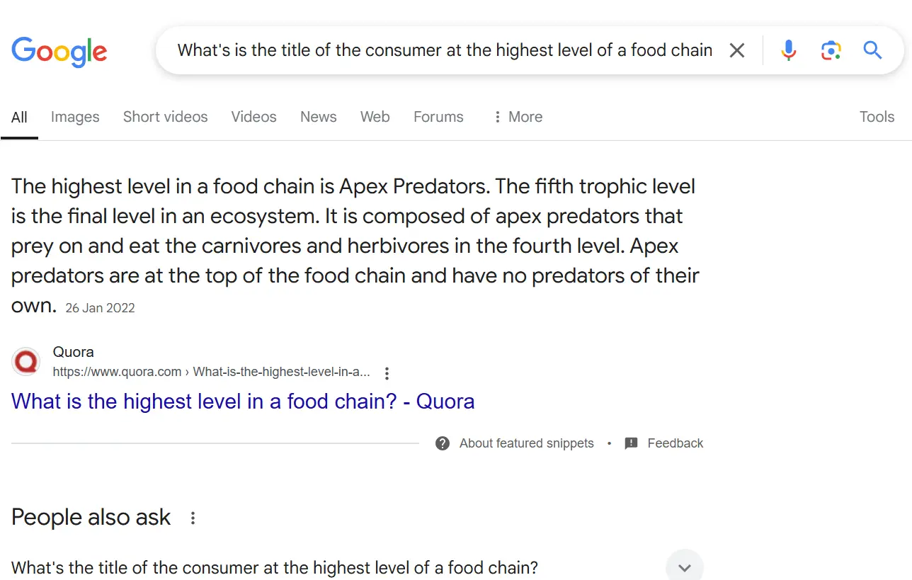 Imagen: Lista de resultados en Google para la frase “What’s the title of the consumer at the highest level of a food chain“
