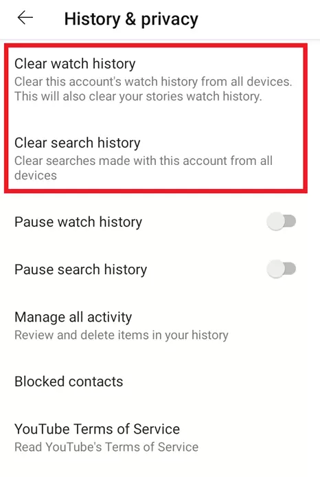 Imagen: App de YouTube: menú “Historial y privacidad”