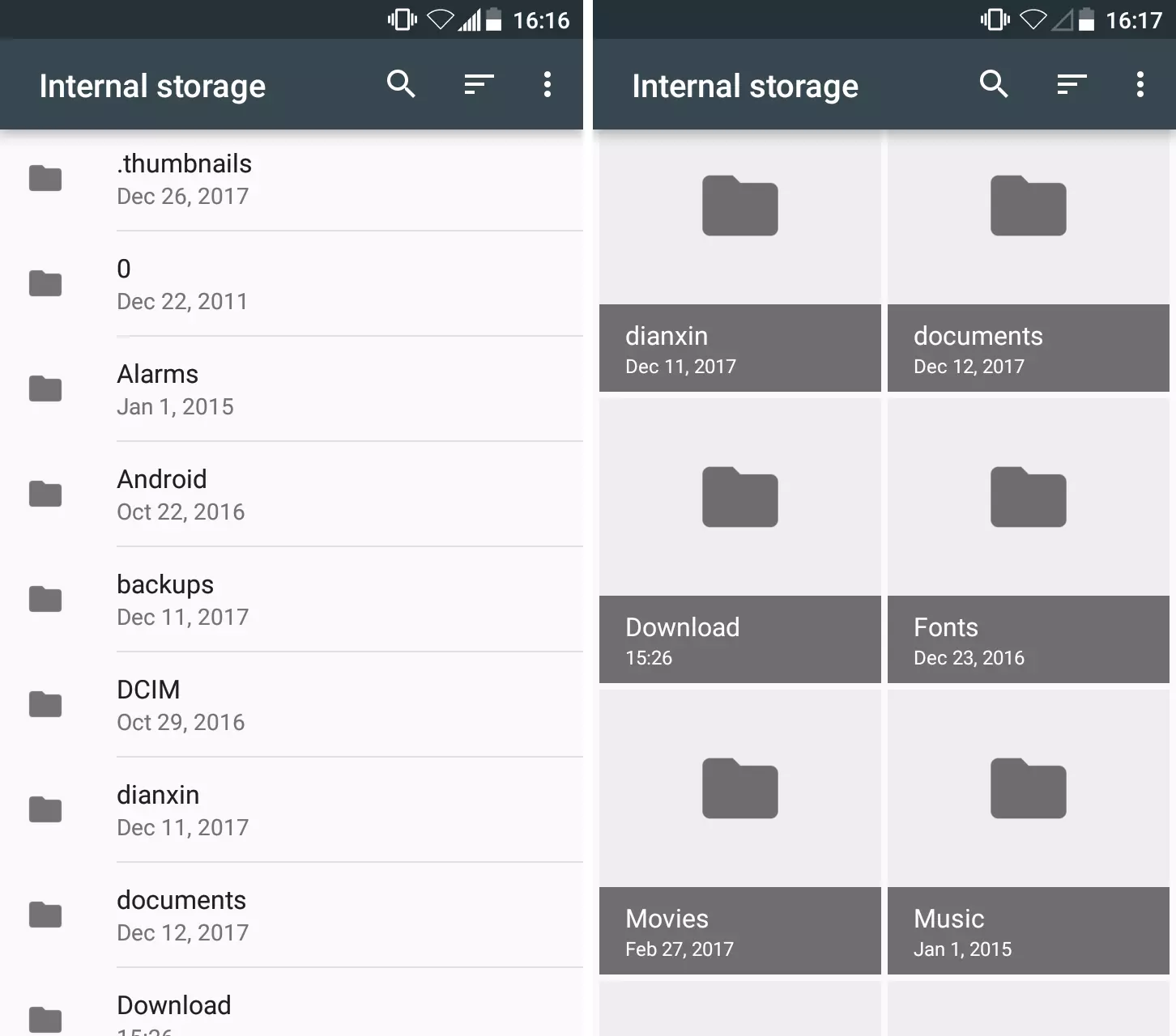 Imagen: Gestor de archivos para Android: visualización de lista y de cuadrícula