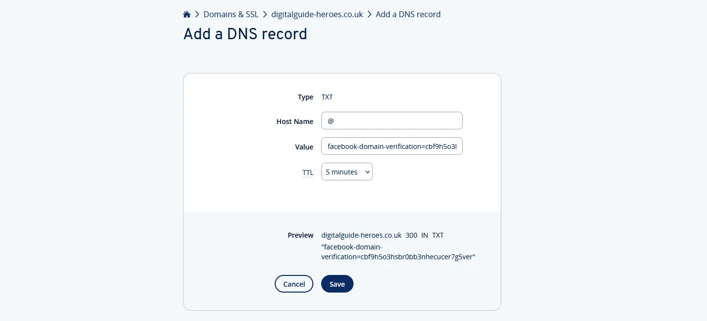 Imagen: Añadir registro DNS en la cuenta de cliente de IONOS