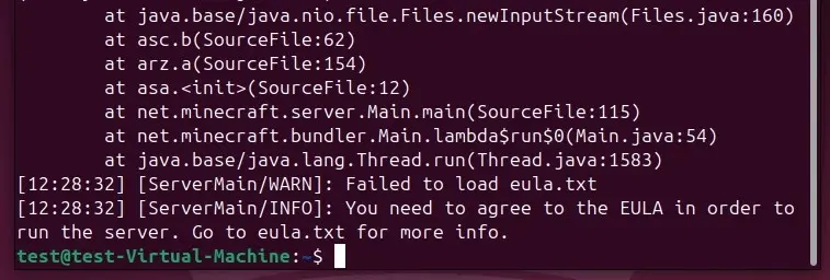 Imagen: Servidor de Minecraft en Linux: mensaje de error en el primer inicio