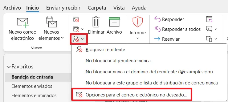 Opciones de correo no deseado en la cinta de opciones clásica de Outlook Imagen: Opciones de correo no deseado en la cinta de opciones clásica de Outlook
