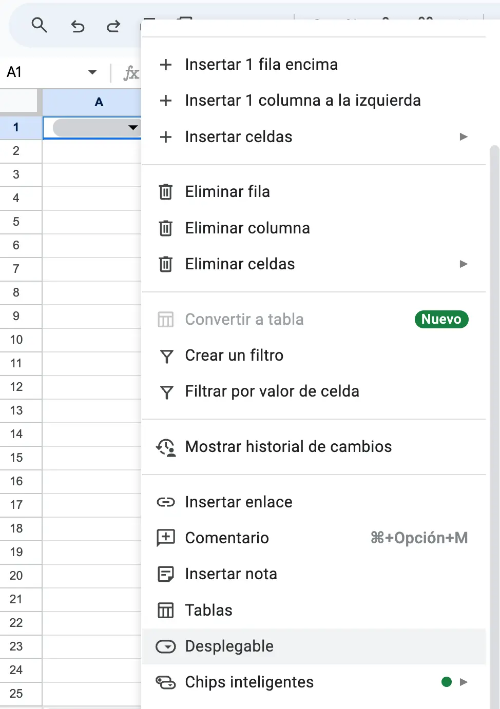Imagen: Editar lista desplegable en Google Sheets haciendo clic en el botón derecho