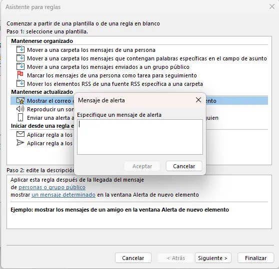 Imagen: Asistente para reglas de Outlook: cuadro de diálogo para el mensaje de alerta