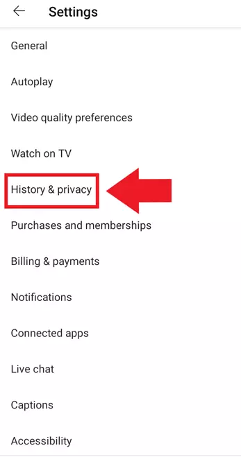 Imagen: Configuración de la app de YouTube: “Historial y privacidad”