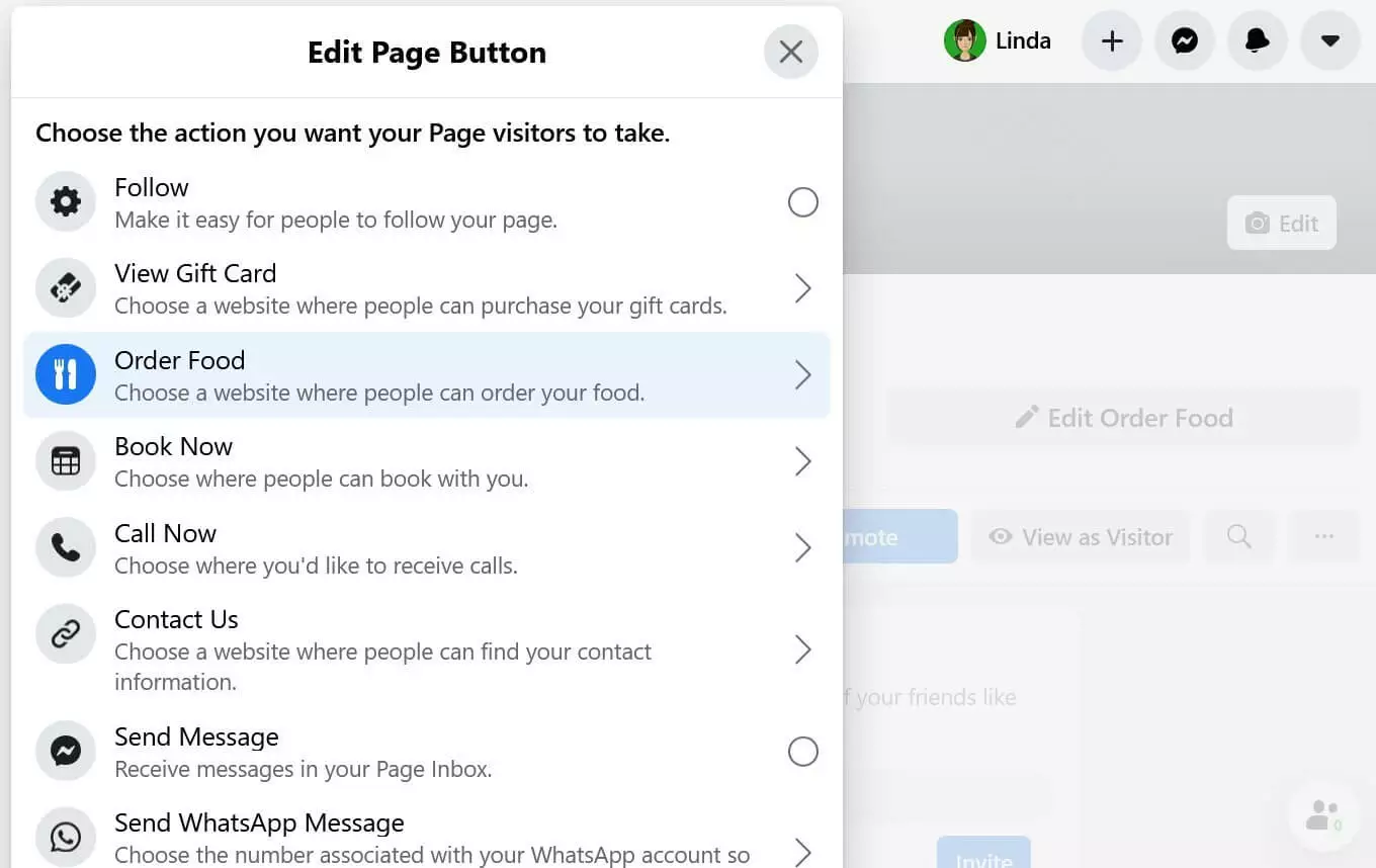 Edición del botón para hacer pedidos en Facebook