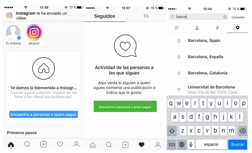 Vista de la página inicial de Instagram app