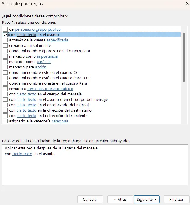 Imagen: Asistente de reglas de Outlook: elegir una condición