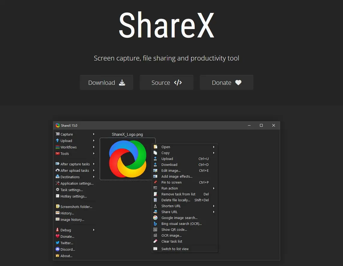 Página de inicio de la herramienta de captura de pantalla ShareX Imagen: Página de inicio de la herramienta de captura de pantalla ShareX