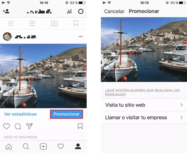 Opción “Promocionar” en el perfil de empresa en Instagram