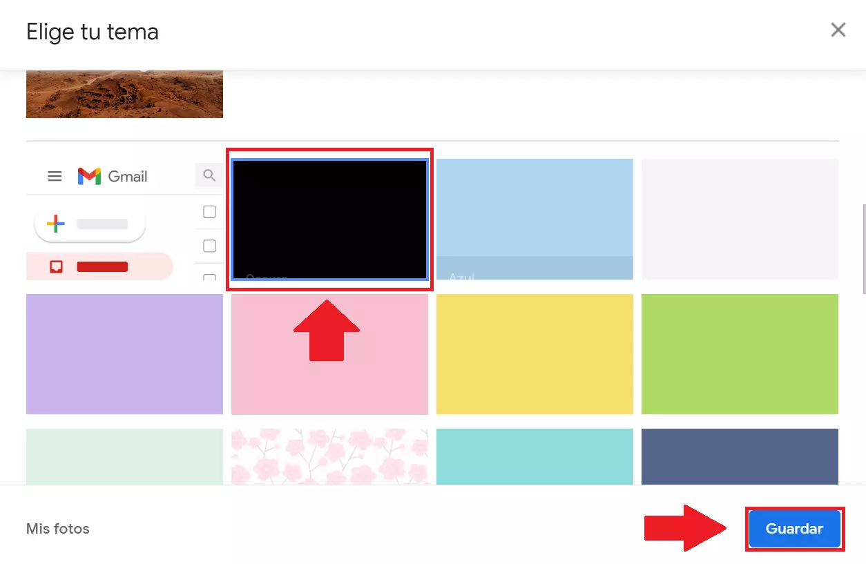 Imagen: El modo oscuro en los ajustes de tema de Gmail