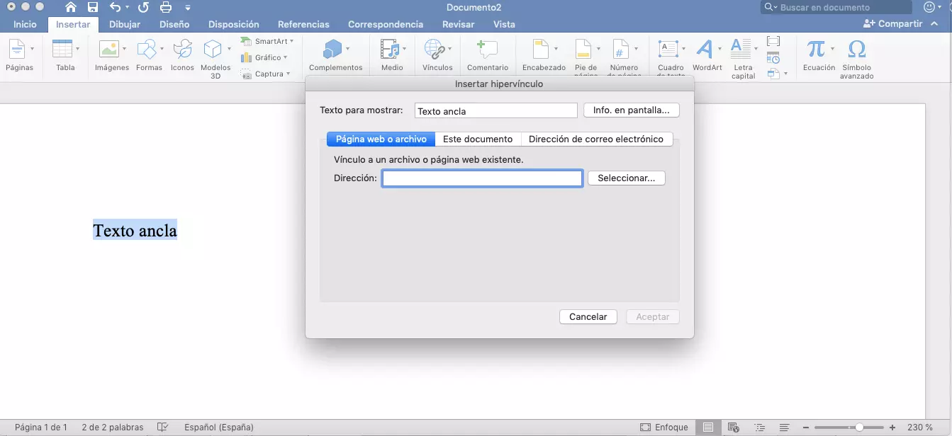 Imagen: Microsoft Word: la ventana “Insertar hipervínculo”