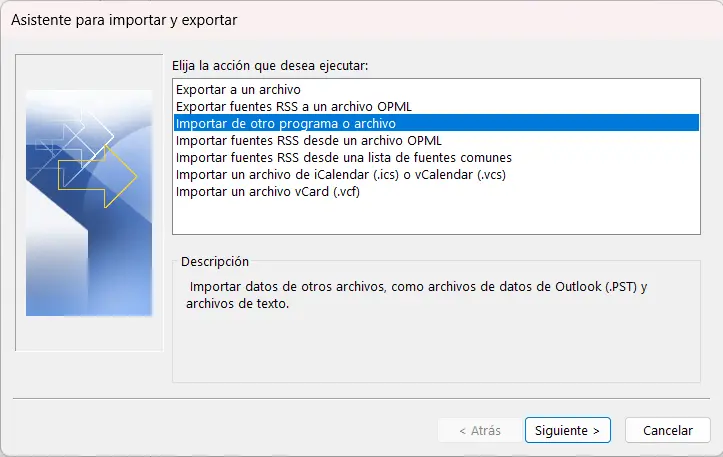 Imagen: Menú de inicio del asistente para importar o exportar en Outlook 365