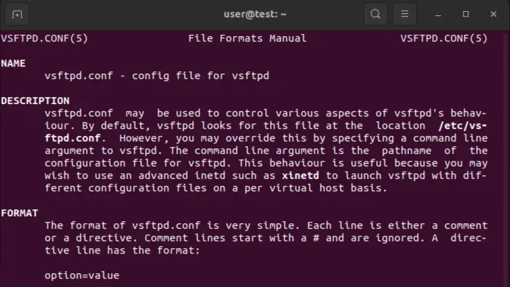 Imagen: Página Man del archivo de configuración de vsftpd