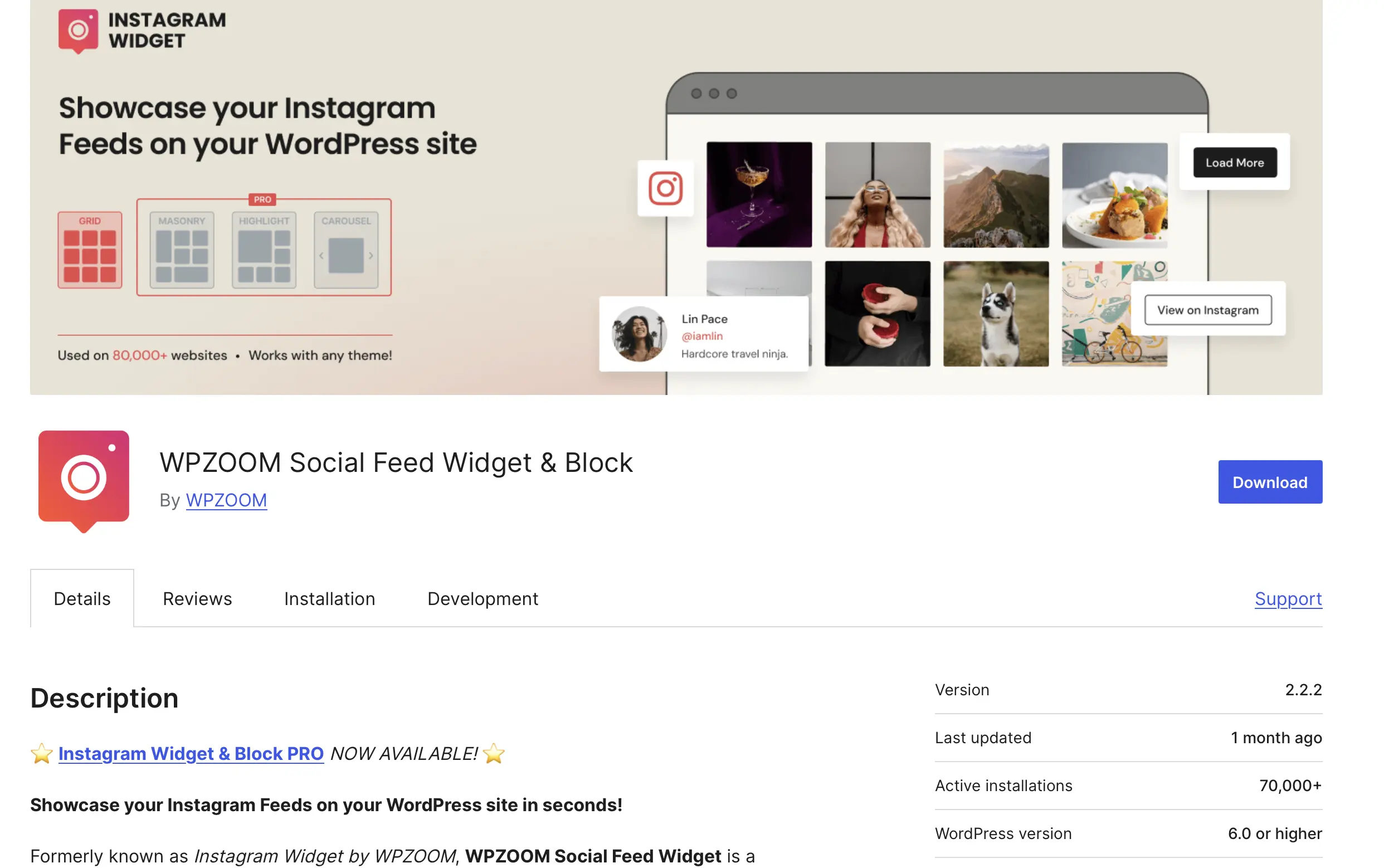 Imagen: WPZOOM Social Feed Widget & Block en la tienda de plugins de WordPress