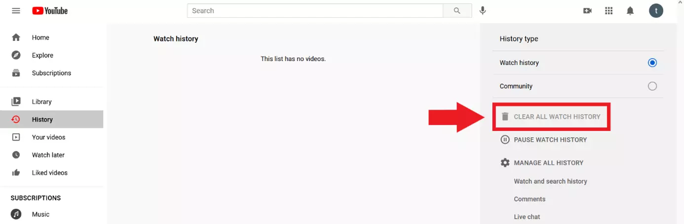 Imagen: YouTube: opción “Eliminar todo el historial de reproducción”