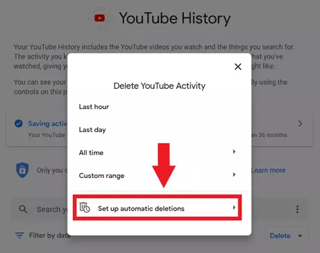 Imagen: Botón de YouTube “Configurar la eliminación automática”