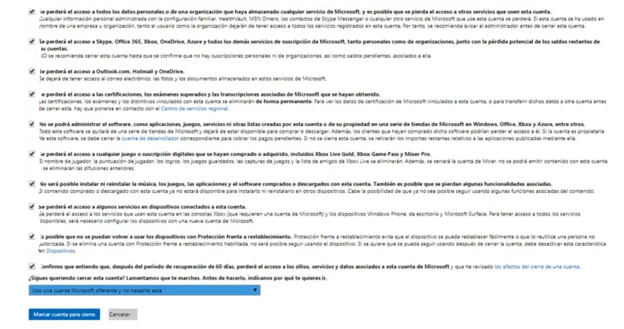 Imagen: Skype: confirmar la eliminaci&oacute;n de la cuenta, bot&oacute;n &ldquo;Marcar cuenta para cierre&rdquo;