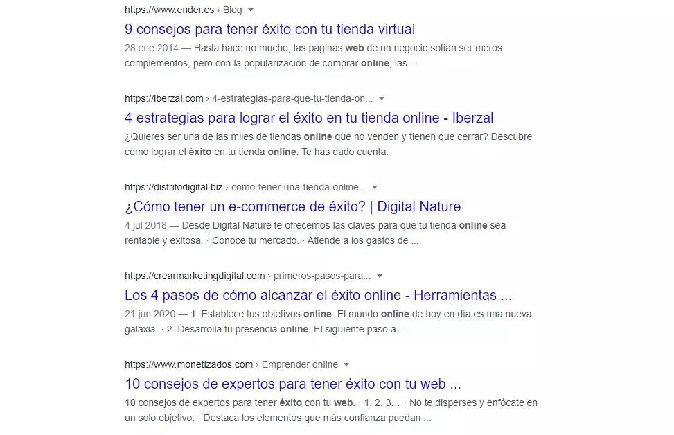 Imagen: La página de resultados (SERP) para el término “como conseguir éxito online”