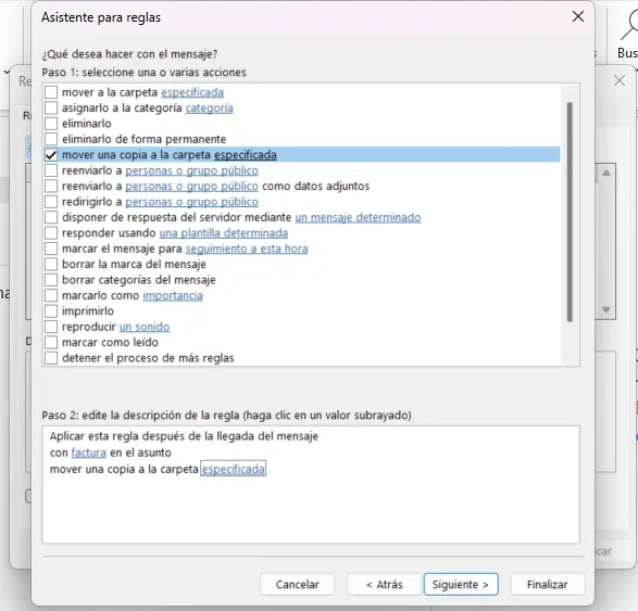 Imagen: Asistente para reglas en Outlook: selección de acciones
