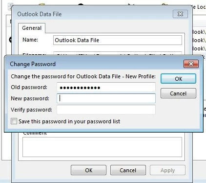 Imagen: Archivo de datos de Outlook: Menú de cambio de contraseña