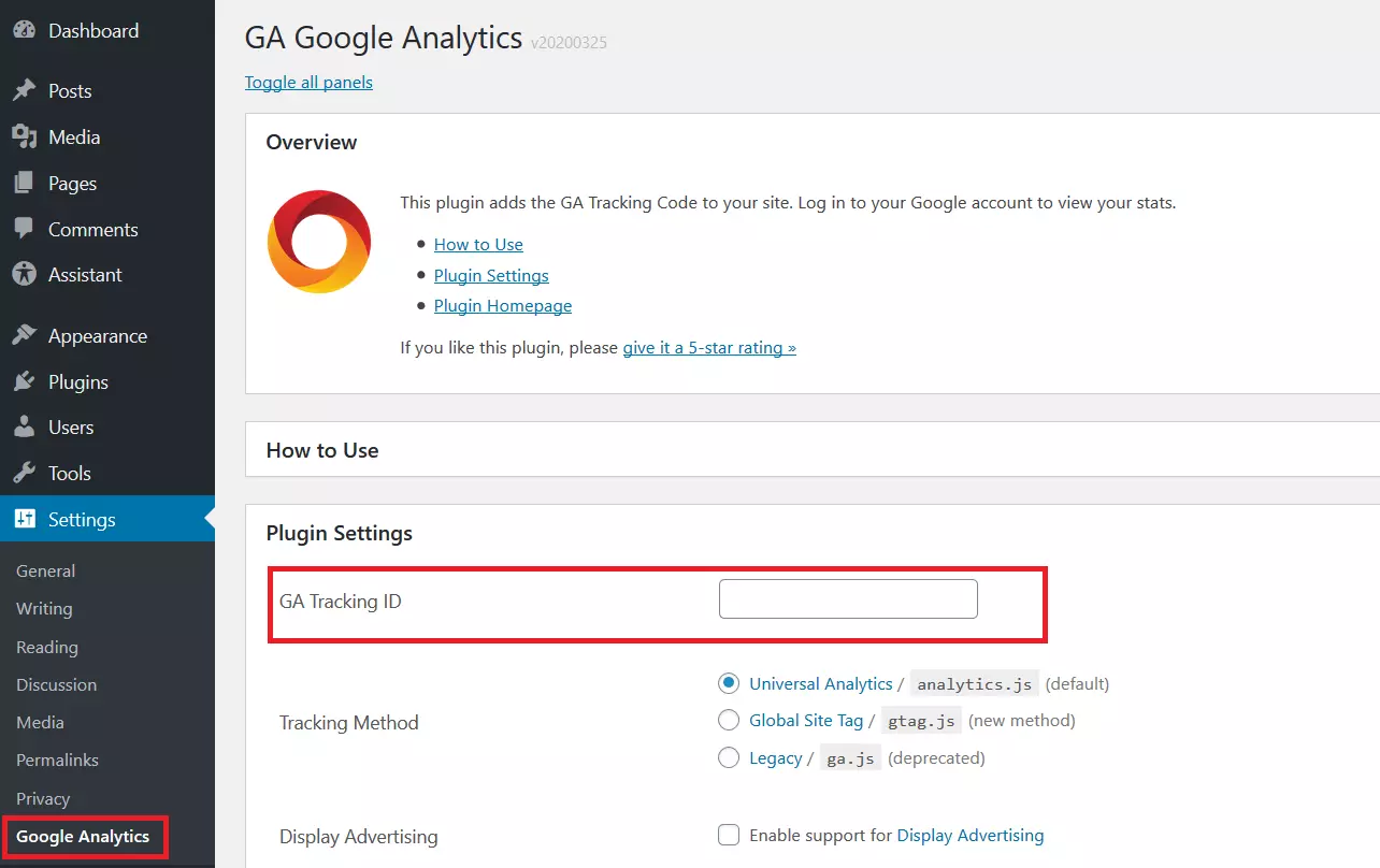 Imagen: Configuración del plugin GA Google Analytics.