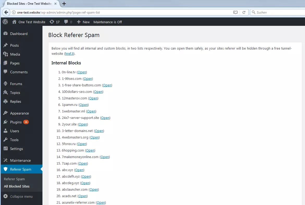 Imagen: Lista de páginas bloqueadas en el backend de WordPress