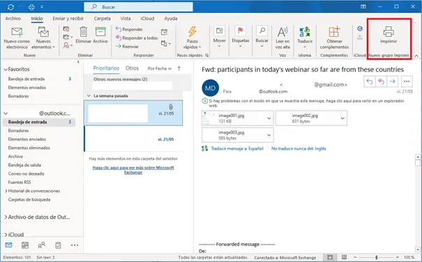 Cinta de opciones de Outlook con el comando “Imprimir” Imagen: Cinta de opciones de Outlook con el comando “Imprimir”