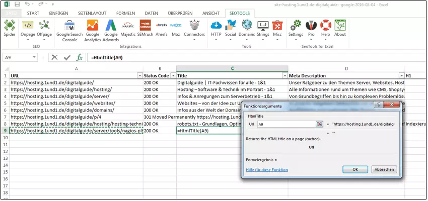 Imagen: Vista de la hoja de Excel con SeoTools for Excel en la barra de herramientas y subpáginas desglosadas