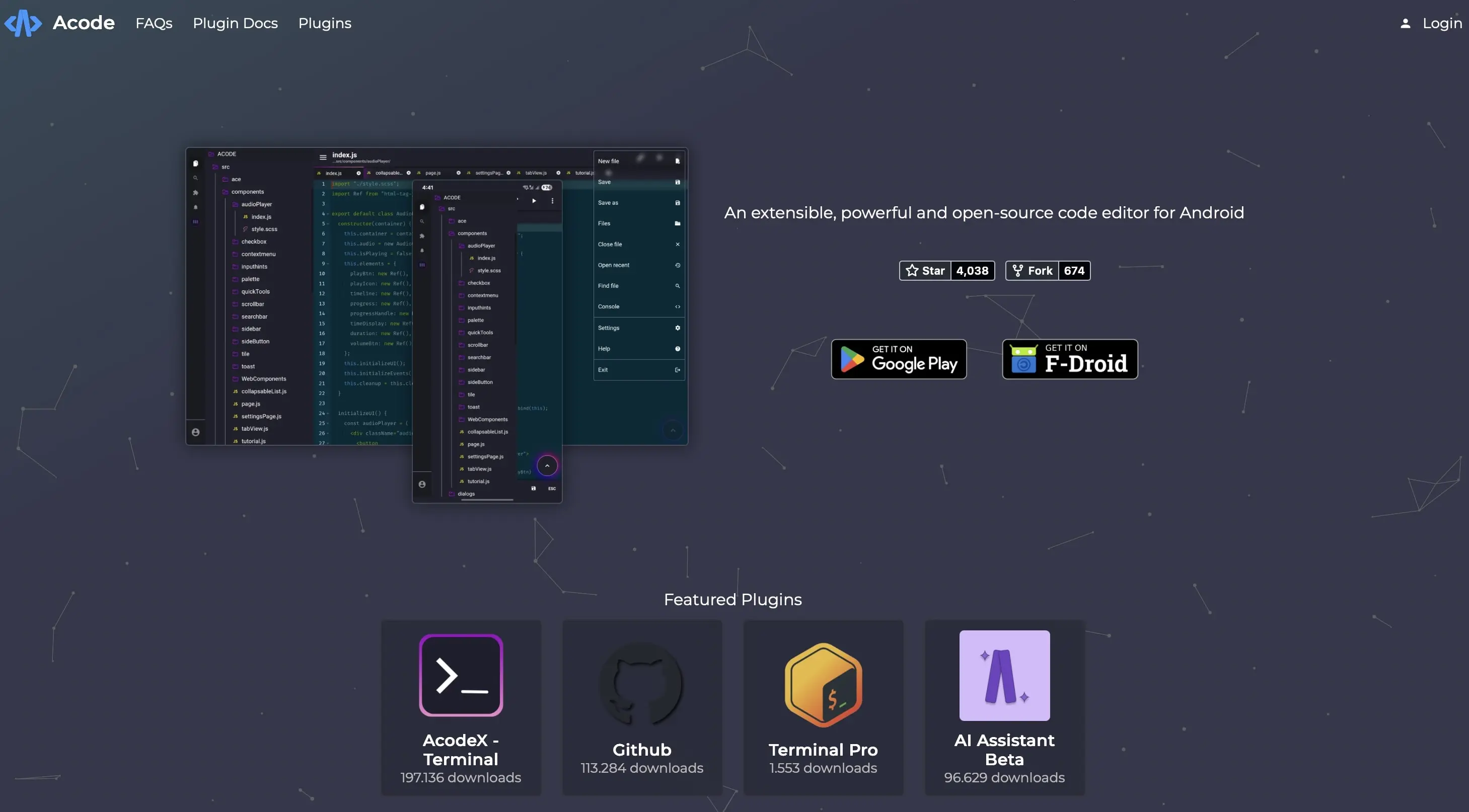 Captura de pantalla de la página de inicio de Acode Imagen: Captura de pantalla de la página de inicio de Acode