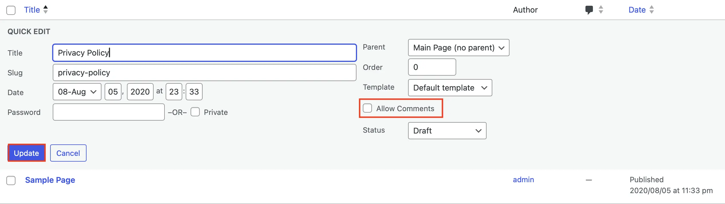 Campo de edición rápida en “Páginas” con opciones de configuración “Permitir comentarios” Imagen: Campo de edición rápida en “Páginas” con opciones de configuración “Permitir comentarios”