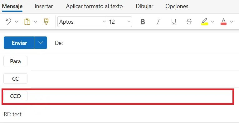 Imagen: Outlook: el botón “cco” en la pestaña “Mensaje”
