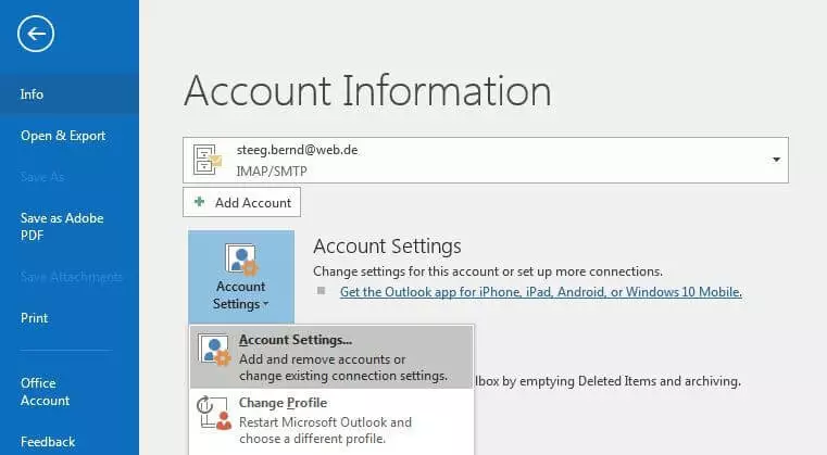 Imagen: Información de cuenta en Outlook 2016